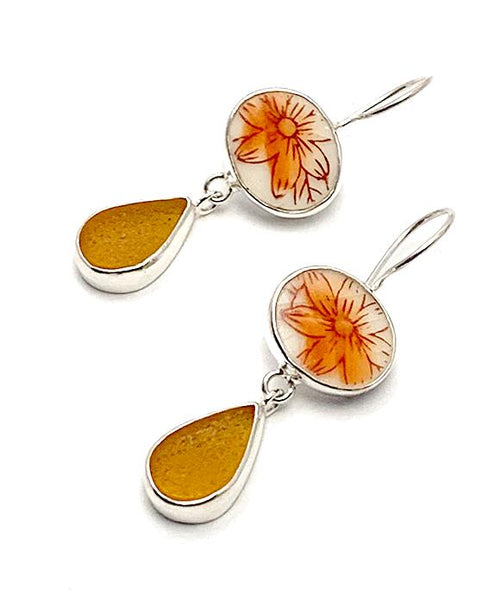 Orange Flower Imari Vintage Pottery with Amber Sea Glass Double Drop Earrings