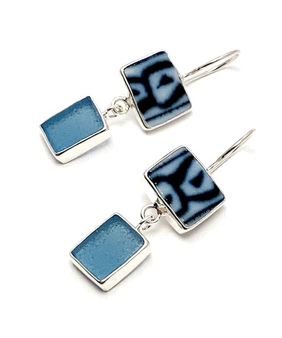 Bold Blue & White Vintage Pottery & Light Blue Sea Glass Double Drop Rectangle Earrings