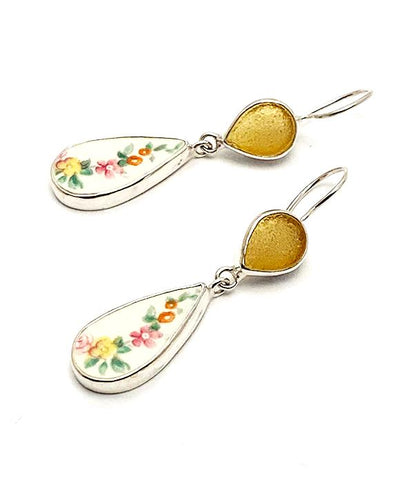 Flower Vintage Pottery with Amber Sea Glass Double Drop Earrings