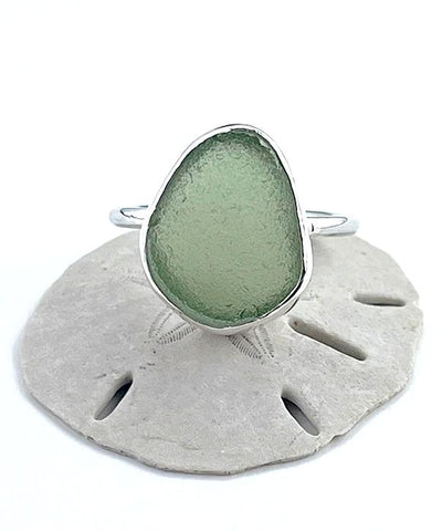 Soft Olive Green Sea Glass Ring Simple Round Band - Size 9