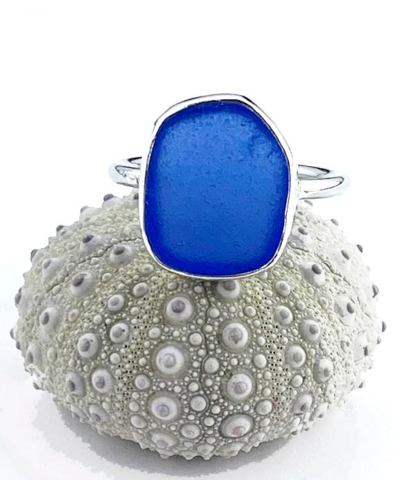 Blue Sea Glass Ring Simple Round Band - Size 11