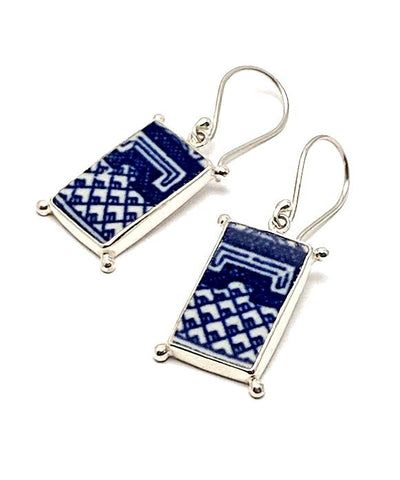 Blue Willow Geometric Vintage Pottery with Decorative Jester Bezel Single Drop Earrings