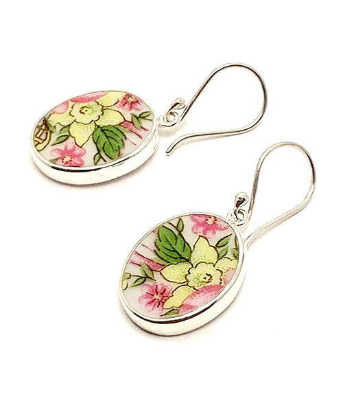 Pink Flower & Yellow Daffodil Vintage Pottery Rectangle Single Drop Earrings