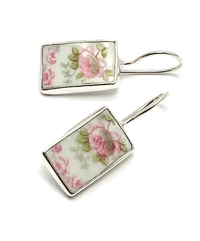 Pink & Green Flower Vintage Pottery Rectangle Single Drop Earrings