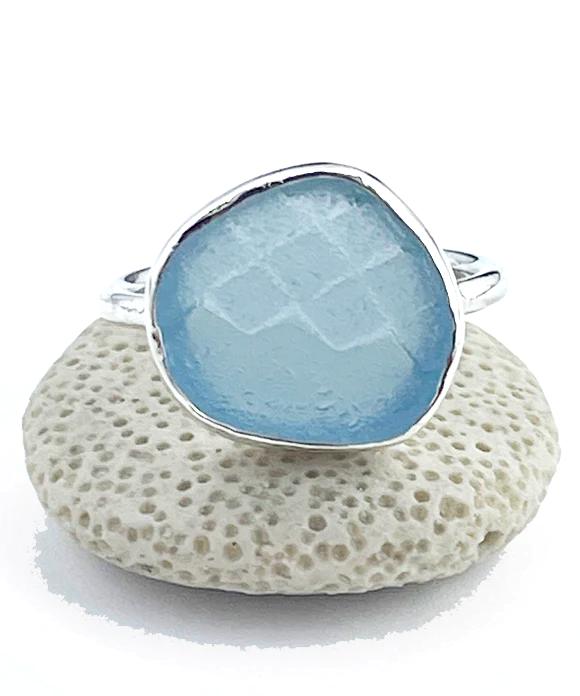 Textured Aqua Blue Sea Glass Ring Simple Round Band - Size 10.5