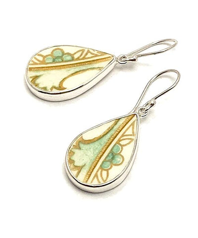 Little Green Flower Vintage Pottery Teardrop Single Drop Earrings