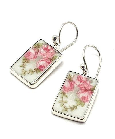 Pink & Green Three Rose Vintage Pottery Rectangle Single Drop Earrings