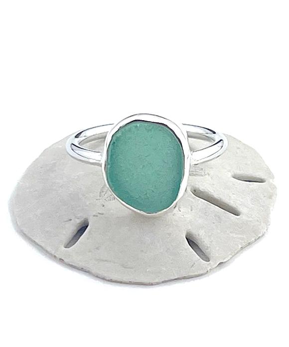 Soft Green Sea Glass Ring Simple Round Band - Size 8