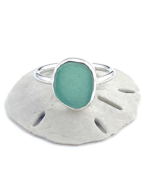Soft Green Sea Glass Ring Simple Round Band - Size 8