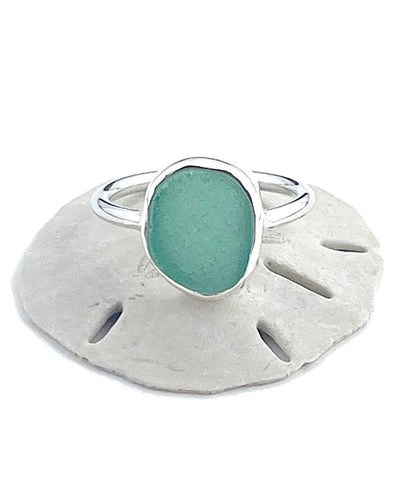 Soft Green Sea Glass Ring Simple Round Band - Size 8
