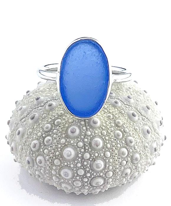 Oval Blue Sea Glass Ring Simple Round Band - Size 8.5