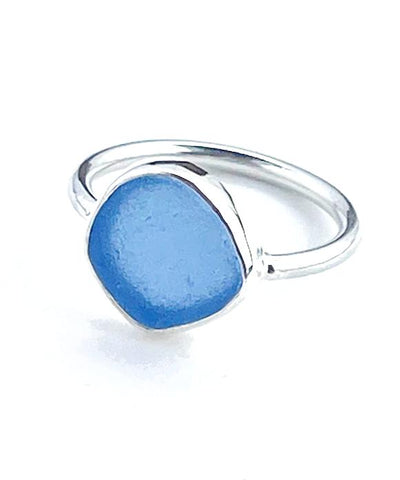 Denim Blue Sea Glass Ring Simple Round Band - Size 8