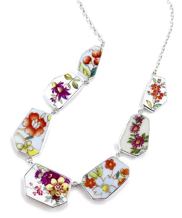 Orange & Purple Floral Vintage Pottery 7 Piece Shard Necklace