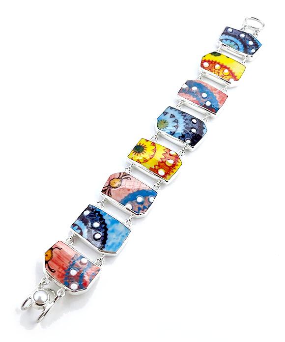 Various Colorful Spanish Vintage Pottery Double Link Shard Bracelet - 8
