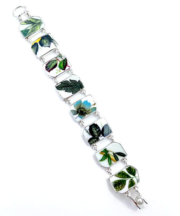 Various Leaf & Blue Flower Vintage Pottery Double Link Shard Bracelet - 8 3/4