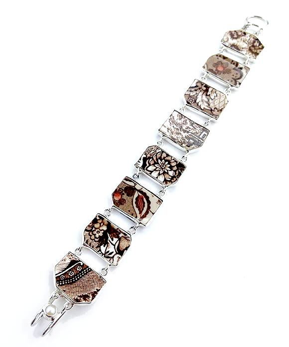 Brown & White Transfer Ware Vintage Pottery Double Link Shard Bracelet - 8 1/4