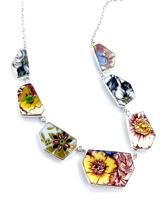 Various Floral Vintage Pottery 7 Piece Shard Necklace