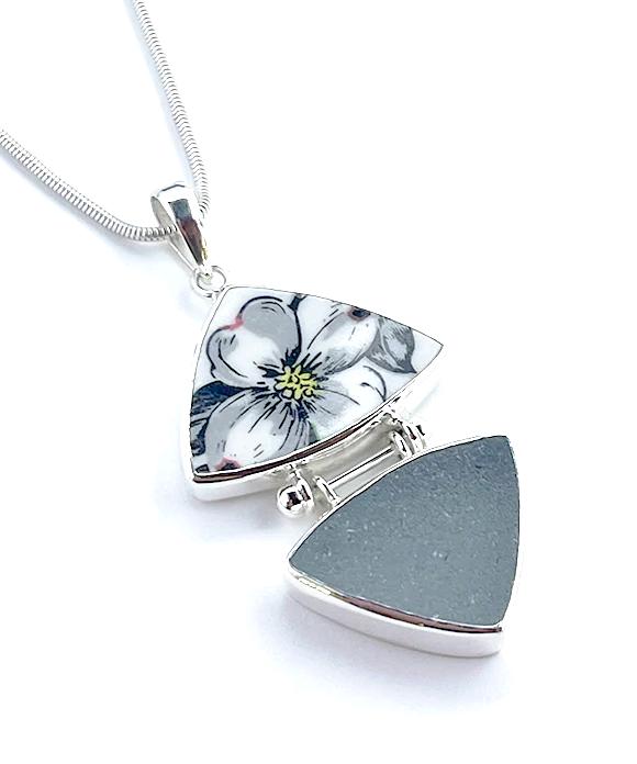 Black & White Flower Vintage Pottery with Grey Sea Glass Leaf Double Barbell Pendant