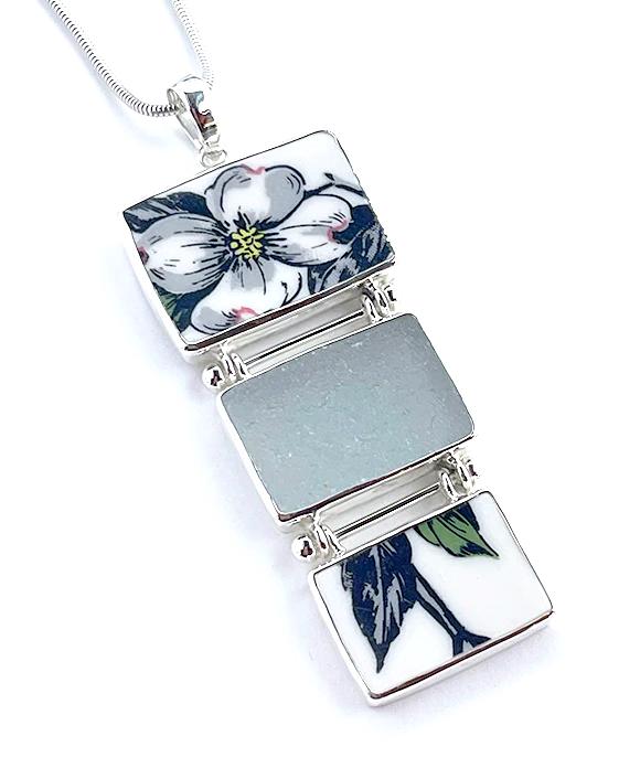 Black & White Flower Vintage Pottery with Grey Sea Glass Triple Drop Barbell Necklace