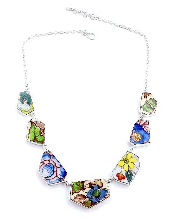 Various Blue Floral Vintage Pottery 7 Piece Shard Necklace