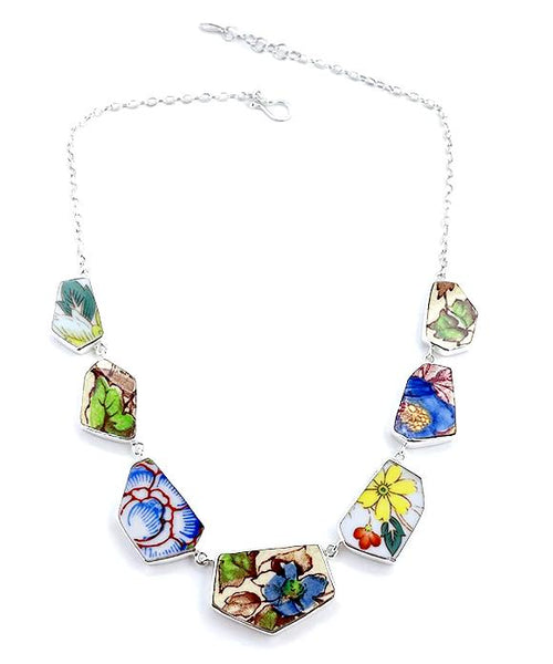 Various Blue Floral Vintage Pottery 7 Piece Shard Necklace