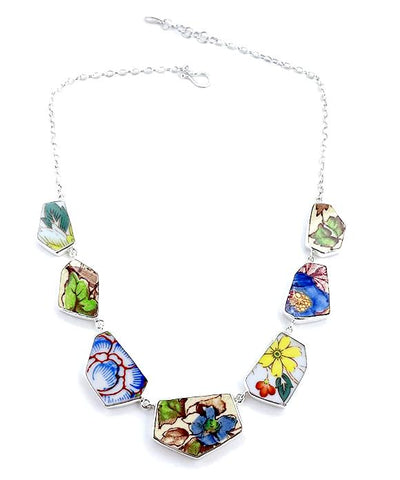 Various Blue Floral Vintage Pottery 7 Piece Shard Necklace