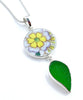 Yellow & Purple Flower Vintage Pottery and Green Sea Glass Leaf Double Pendant