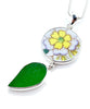 Yellow & Purple Flower Vintage Pottery and Green Sea Glass Leaf Double Pendant
