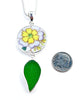 Yellow & Purple Flower Vintage Pottery and Green Sea Glass Leaf Double Pendant
