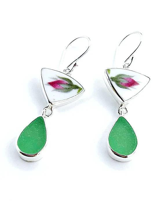 Rose Bud Vintage Pottery with Green Sea Glass Double Drop Earrings