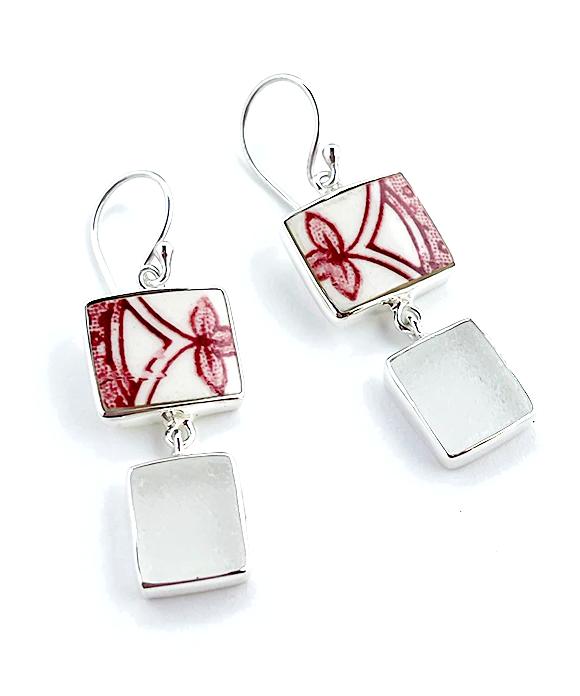Red & White Vintage Pottery with Clear Sea Glass Double Drop Earrings