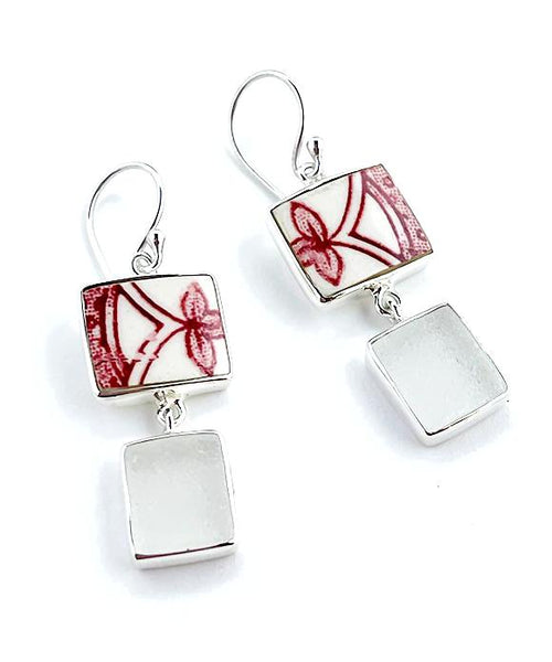 Red & White Vintage Pottery with Clear Sea Glass Double Drop Earrings