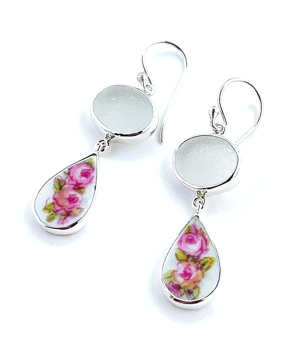 Clear Sea Glass with Pink Rose Vintage Pottery Double Drop Earrings