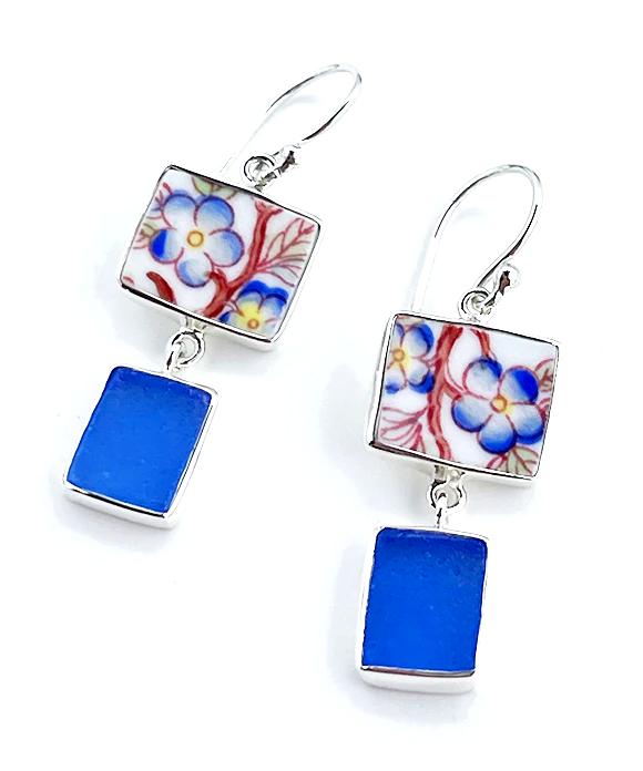 Blue Flower Vintage Pottery with Blue Sea Glass Double Drop Earrings