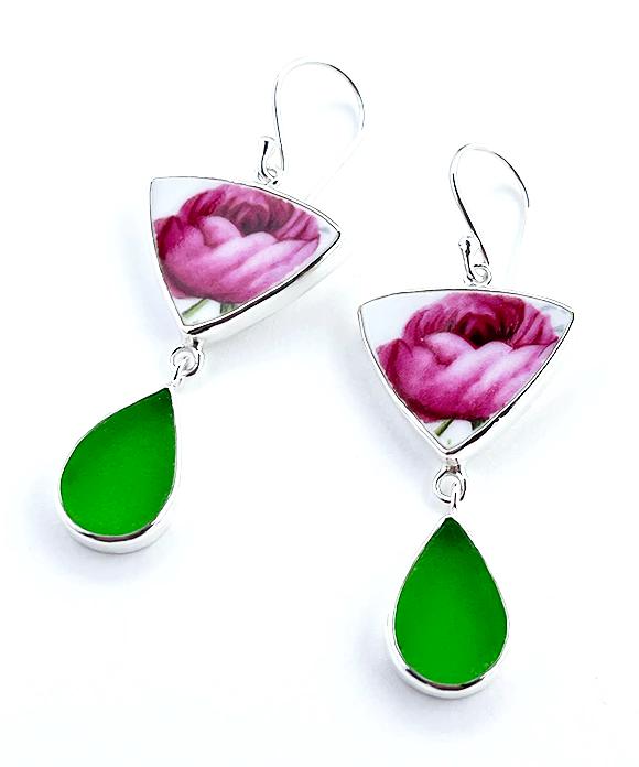Big Pink Rose Vintage Pottery with Green Sea Glass Double Drop Earrings