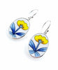 Modern Blue & Yellow Flower Vintage Pottery Oval Single Drop Earrings