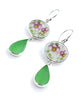 Double Pink Flower Vintage Pottery with Light Green Sea Glass Double Drop Earrings