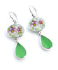 Double Pink Flower Vintage Pottery with Light Green Sea Glass Double Drop Earrings