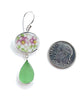 Double Pink Flower Vintage Pottery with Light Green Sea Glass Double Drop Earrings