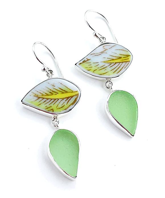 Green & Yellow Leaf Vintage Pottery with Soft Green Sea Glass Double Drop Earrings