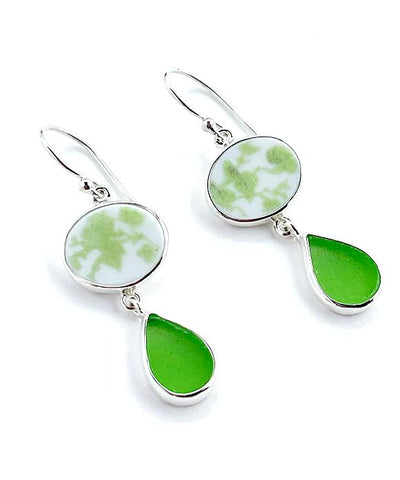 Subtle Green Leaf Vintage Pottery with Green Sea Glass Double Drop Earrings