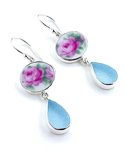 Leafy Pink Roses Vintage Pottery with Aqua Sea Glass Double Drop Earrings