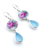 Leafy Pink Roses Vintage Pottery with Aqua Sea Glass Double Drop Earrings