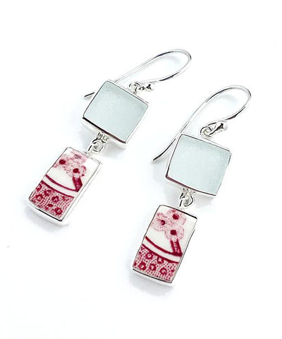 Clear Sea Glass with Red & White Vintage Pottery Double Drop Earrings
