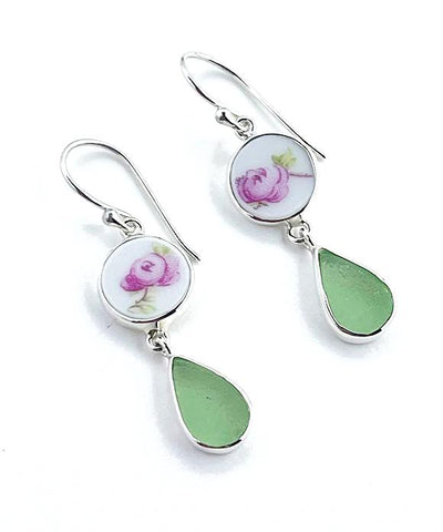Delicate Rose Vintage Pottery with Soft Green Sea Glass Double Drop Earrings