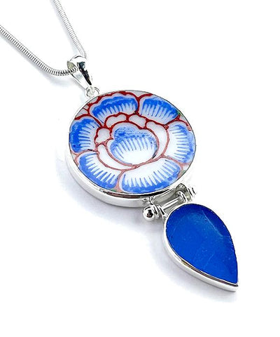 Bold Blue Flower Imari Vintage Pottery with Textured Blue Sea Glass Double Pendant