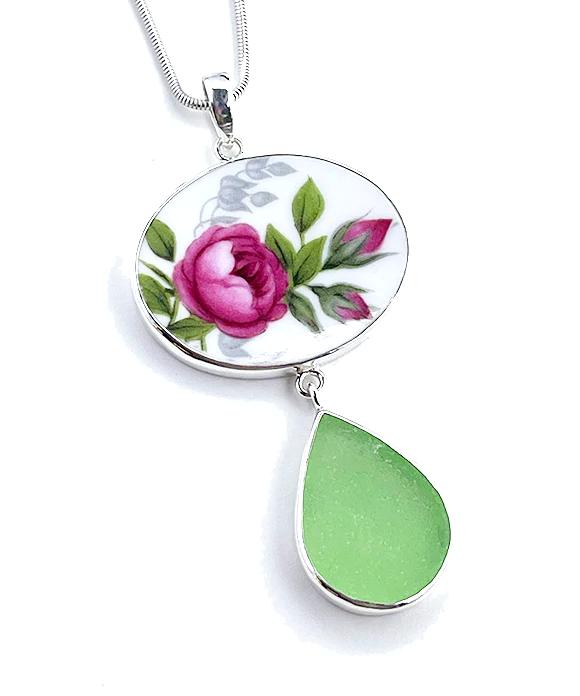 Big Pink Roses Vintage Pottery with Light Green Sea Glass Double Pendant