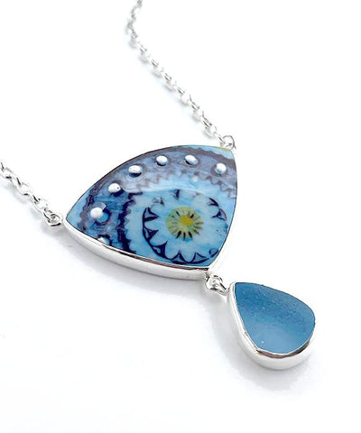 Bold Blue Spanish Vintage Pottery and Blue Sea Glass Necklace