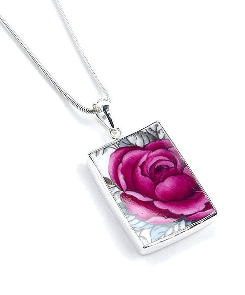 Dark Pink Rose Simple Pendant on Silver Chain