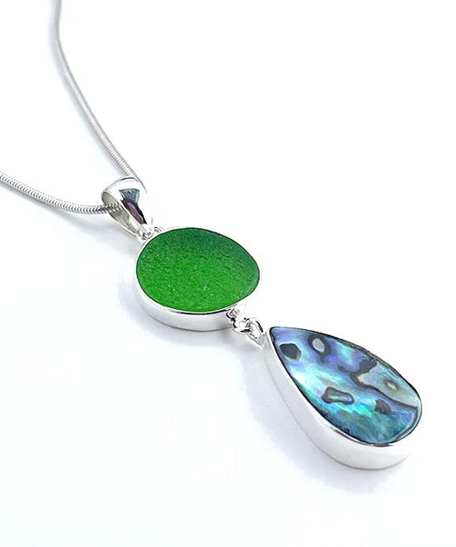 Green Sea Glass with Abalone Drop Pendant
